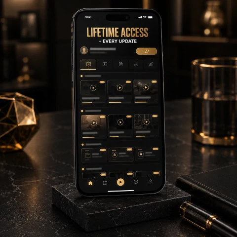 Lifetime access shown on a phone with the full masterclass library
