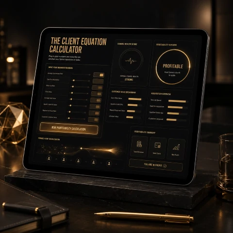 The Client Equation Calculator shown as a spreadsheet tool on a tablet