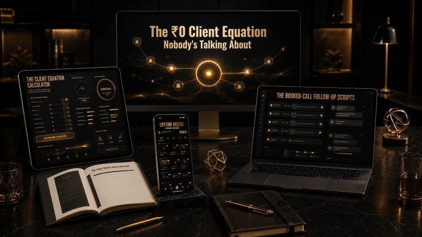 Everything included: The Client Equation Masterclass on a laptop, tablet and phone with the bonus covers