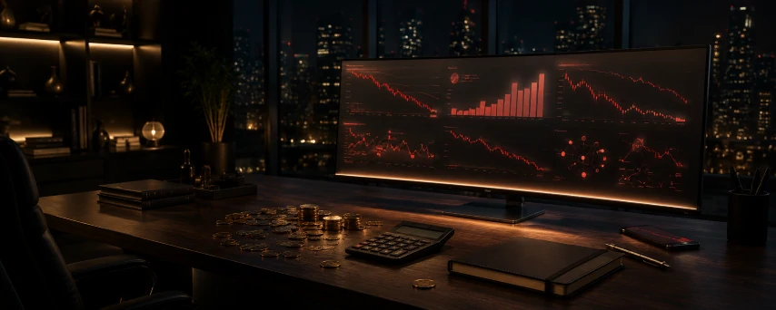 Declining chart and scattered coins on a dark desk
